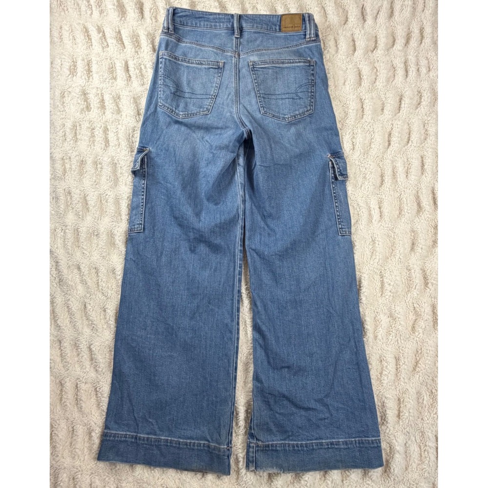 American Eagle Super High Rise Baggy Wide Leg Cargo Jeans Blue 4 Regular - Picture 9 of 11